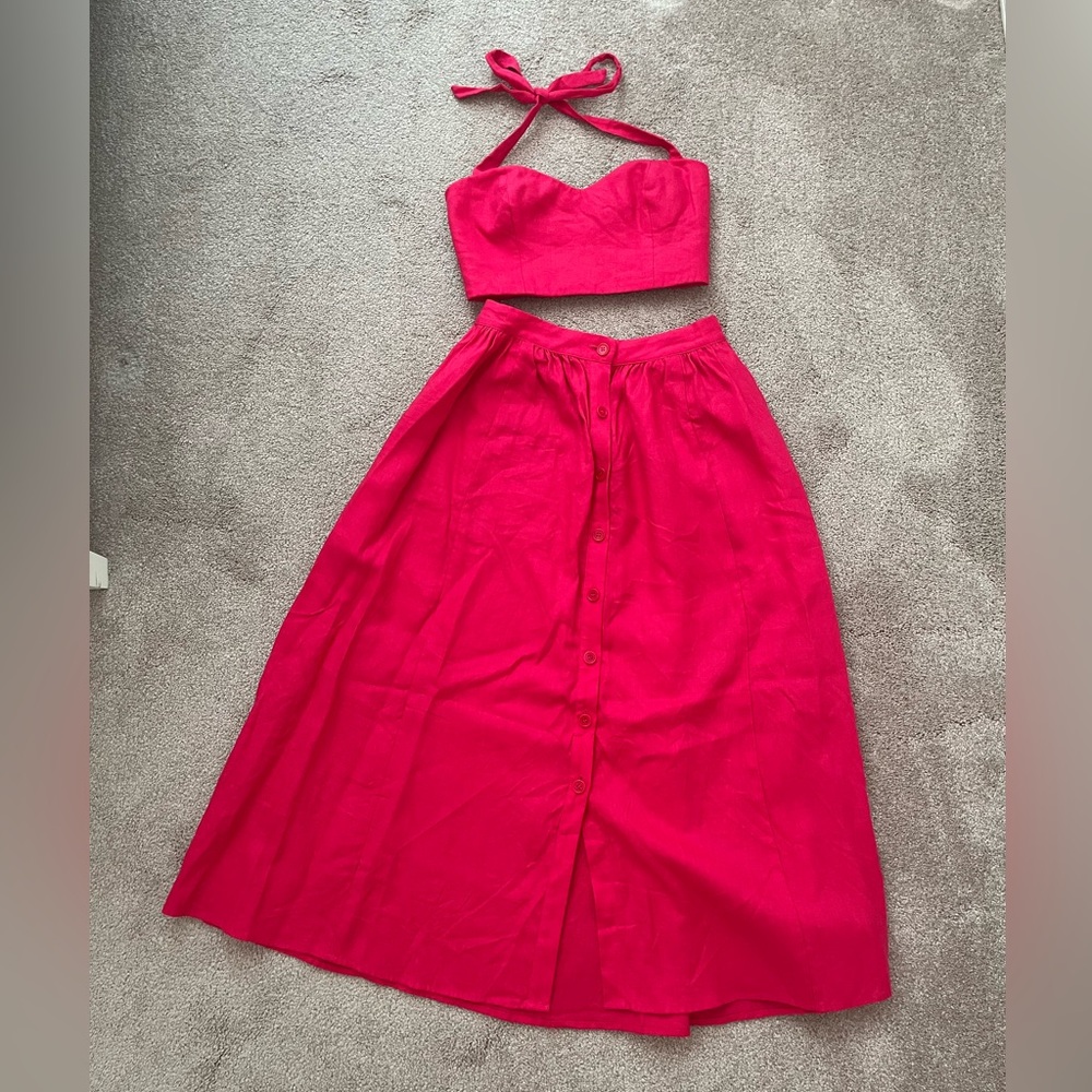 Reformation Orzo Linen Two Piece Midi skirt and top pink size 0 - Picture 7 of 7